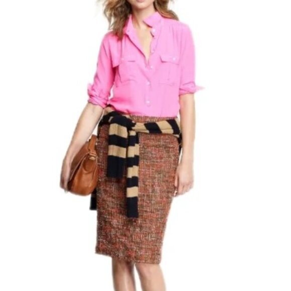 J. Crew, Brown/Peach/Multi Boucle Tweed Pencil‎ Skirt, Size 0 - Picture 1 of 9
